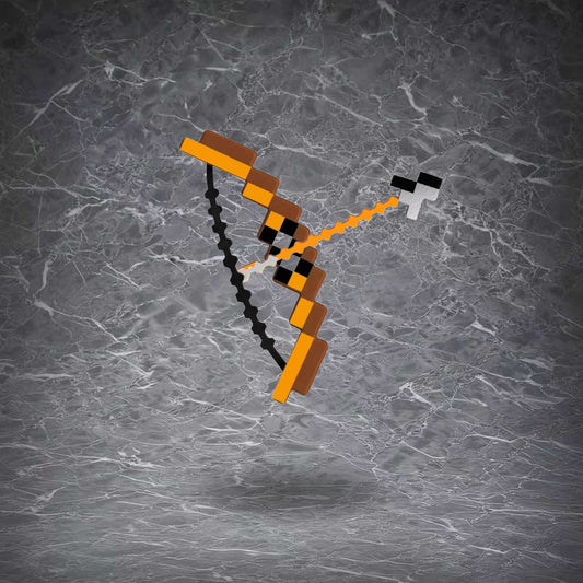 Minecraft Mini Bow and Arrow Charm, featuring the iconic pixelated orange, black, and brown design of the game's bow and arrow. 
