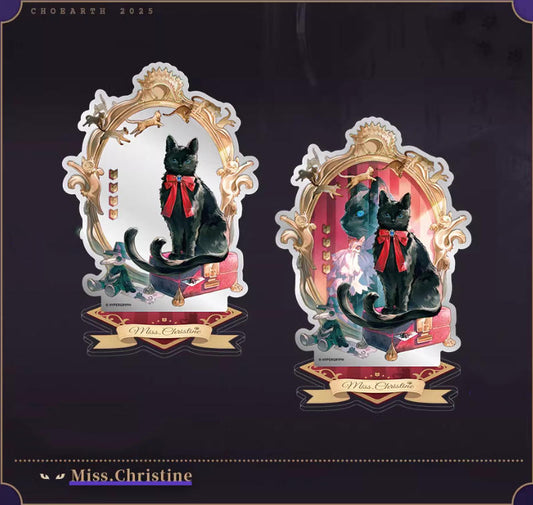Two mirror translucent acrylic standees of Miss.Christine from Arknights, displayed against a deep purple background with ornate golden frames, showcasing the dual visual effect of unlit and illuminated states with detailed artwork of a black cat and vibrant, layered colors.