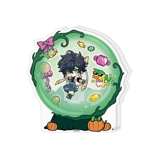 Night Reverie Series acrylic shaker stand featuring chibi-style Lyney from Genshin Impact, set in a vibrant green, broken-glass effect frame with Halloween-themed confetti, pumpkins, and candy decorations, standing on a festive pumpkin base.