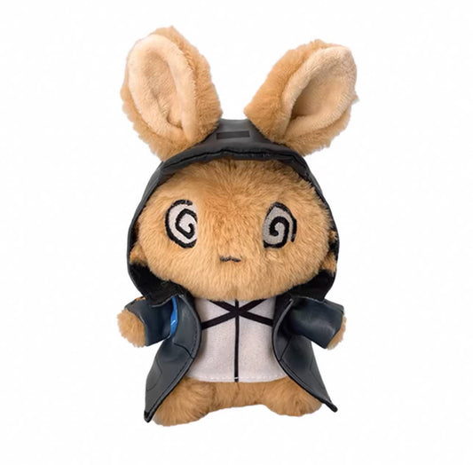 "An adorable Arknights Mountain Usagi plush (Doctor Ver.) featuring soft tan fur, signature swirly 'dizzy' eyes, and a detailed Rhodes Island hooded coat. A perfect, fluffy companion for any Doctor's collection."