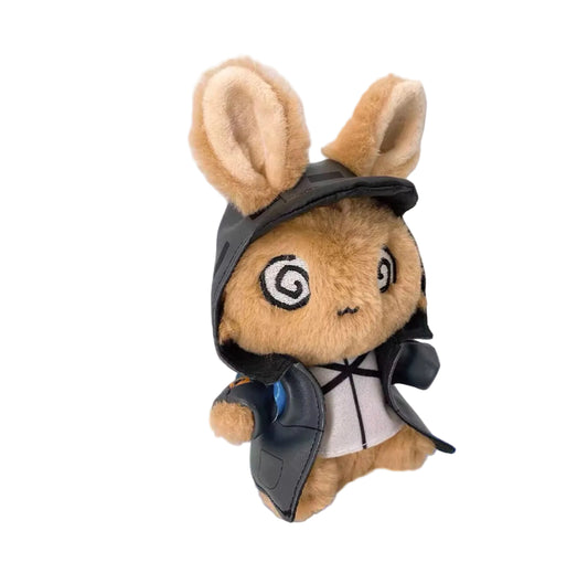 "An adorable Arknights Mountain Usagi plush (Doctor Ver.) featuring soft tan fur, signature swirly 'dizzy' eyes, and a detailed Rhodes Island hooded coat. A perfect, fluffy companion for any Doctor's collection."