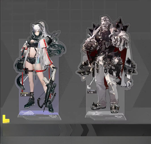 A set of two acrylic standees featuring the popular operators Schwarz and Mountain. Schwarz is depicted in her sleek, tactical outfit with a purple base, while Mountain stands tall in his heavy, spiked armor on a clear base. Both figures are printed in high-definition for crisp, vibrant details.
