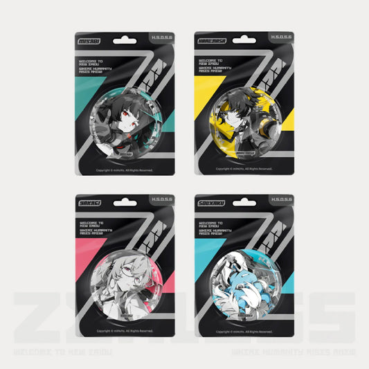 Four packaged Movie Series Anti-Air Section 6 reflective tinplate pins ; each black packaging features distinct color blocks  with character art .