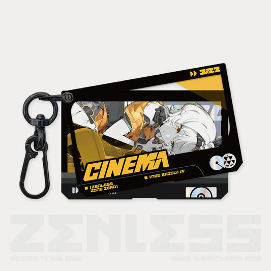 Zenless Zone Zero Movie Series Double-piece Acrylic Pendant featuring No.0 Anby, cinema-themed design with black and yellow color scheme and black carabiner clip.