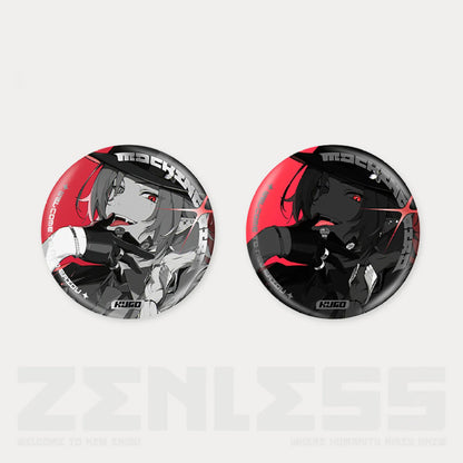 This reflective tinplate pan from the Zenless Zone Zero Movie Series Mockingbird collection displays a vivid red, black, and gray illustration of Mockingbird wearing a hat with a bold, expressive look.