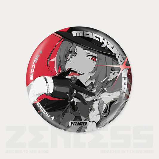 This reflective tinplate pin from the Zenless Zone Zero Movie Series Mockingbird collection features a striking red, black, and gray illustration of the character Hugo wearing a hat.
