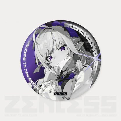 This reflective tinplate pin from the Zenless Zone Zero Movie Series Mockingbird collection features a stylish purple, black, and gray illustration of the character Vivian.