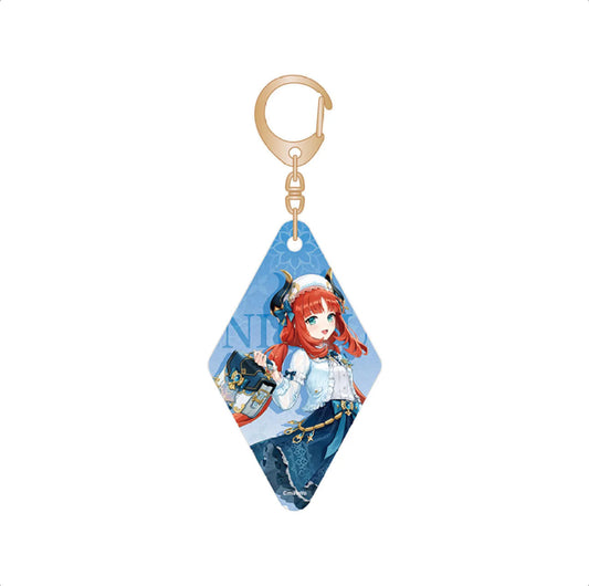 This acrylic keychain showcases Nilou in her elegant outfit, set within a diamond-shaped frame with a blue patterned background, and comes with a gold-toned clasp for easy attachment.