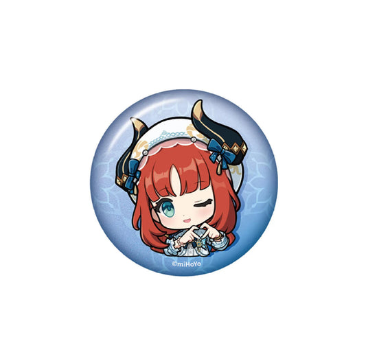 This Genshin Impact Q-Emoji badge features a chibi Nilou with a playful wink, set against a light blue water-patterned background, crafted from durable tinplate with a glossy finish.