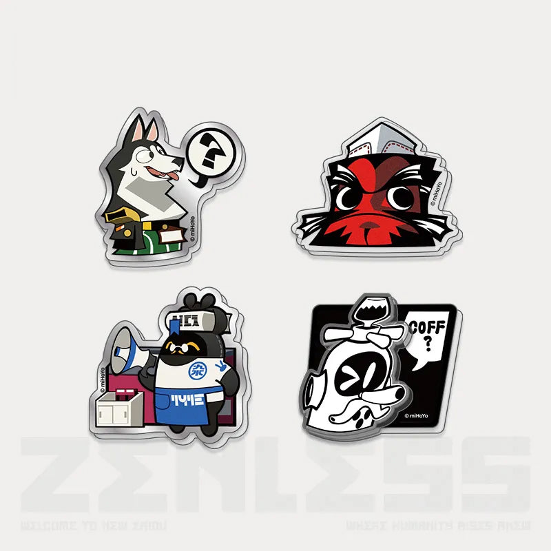 Four acrylic fridge pins from the Noise Reduction Series of Zenless Zone Zero, featuring a playful husky character, a bold red masked figure, a stylized urban delivery character, and a monochrome Bangboo design, displayed against a light beige background. 
