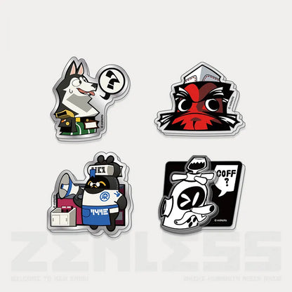 Four acrylic fridge pins from the Noise Reduction Series of Zenless Zone Zero, featuring a playful husky character, a bold red masked figure, a stylized urban delivery character, and a monochrome Bangboo design, displayed against a light beige background. 
