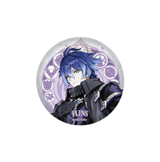 This round tinplate badge features Flins from Genshin Impact’s Natlan series. His spiky blue hair and sharp, intense expression are set against a muted purple background of arcane markings. His dark, futuristic outfit with silver accents emphasizes his cool, enigmatic personality.