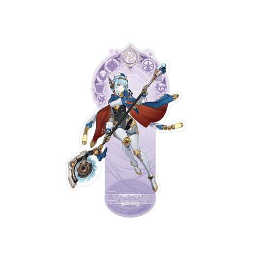 This is the Inneve standee from the Nordkalle theme series. She has short light blue hair, wears magnificent armor in blue, white and red, and holds a giant weapon, creating a heroic and combat-ready appearance. The standee features a light purple gradient background with mysterious patterns, made of acrylic with a fine glitter finish, measuring approximately 159×131mm (6.26×5.16 inches), presenting an exquisite and impactful visual effect.

