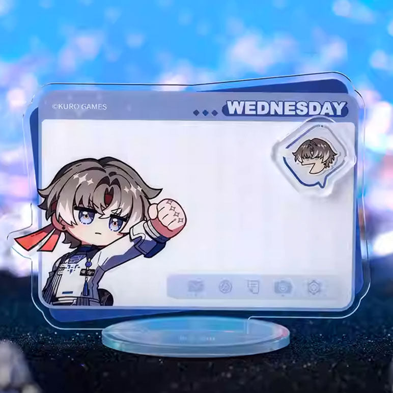 This Wednesday-themed acrylic message standee from Wuthering Waves displays a chibi Jiyan striking a dynamic pose, with a blue frame and a clear note area.