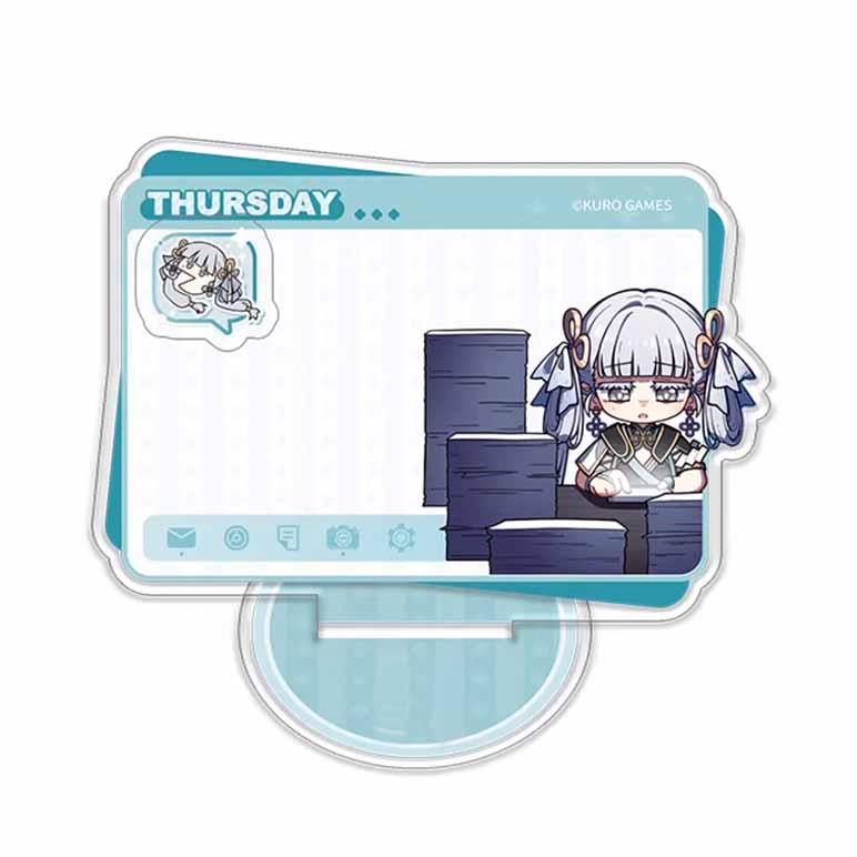 This Thursday-themed acrylic message standee from Wuthering Waves features a chibi Zhezhi, surrounded by stacked documents, with a clear board for notes.