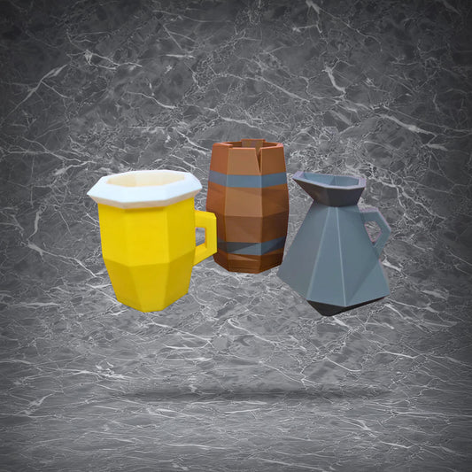 Set of 3D printed OSRS desk organizers shaped like a beer glass, wooden barrel, and clay jug, perfect for holding pens and pencils.