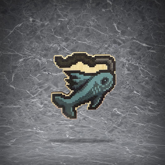 Wooden OSRS Fishing skill icon clip featuring a pixelated blue fish, with a magnetic back and spring clip mechanism.