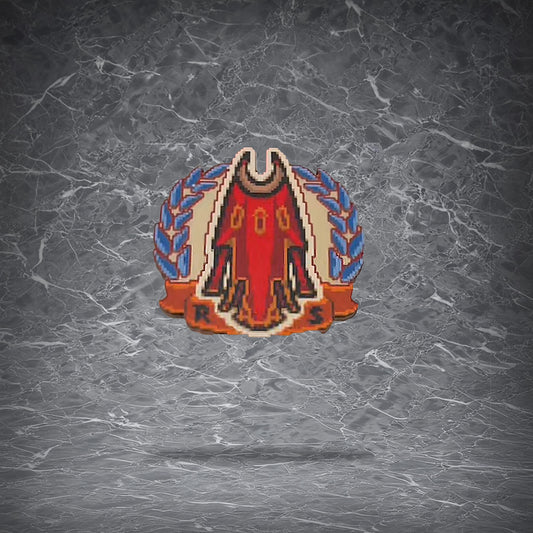 Wooden OSRS Max Cape icon clip featuring the red cape and blue laurels pixel art, with a magnetic back and spring clip mechanism.