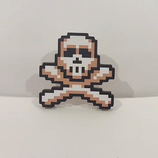 Wooden OSRS PK Skull icon clip featuring a pixelated white skull and crossbones, with a magnetic back and spring clip mechanism.