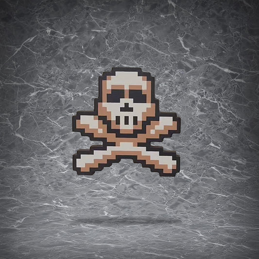 Wooden OSRS PK Skull icon clip featuring a pixelated white skull and crossbones, with a magnetic back and spring clip mechanism.