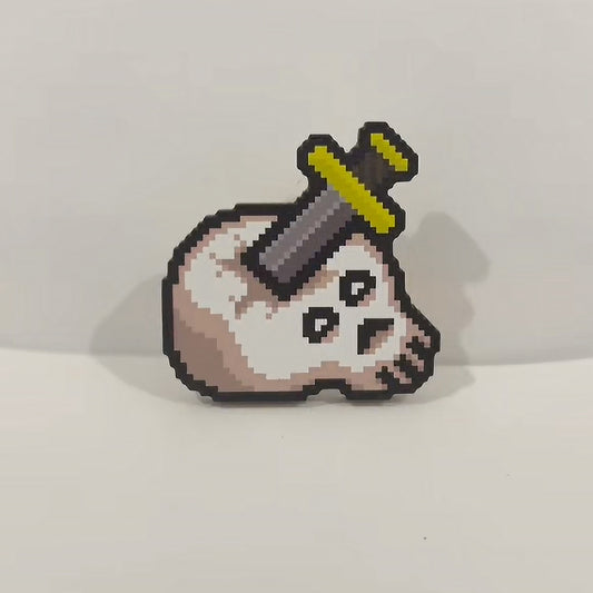 Wooden OSRS Slayer skill icon clip featuring a pixelated skull pierced by a sword, with a magnetic back and spring clip mechanism