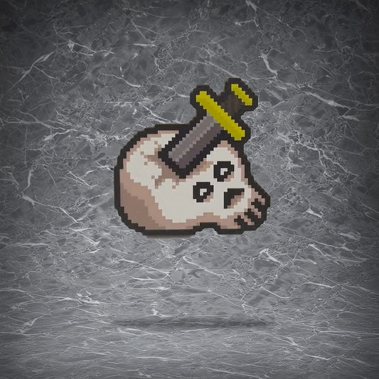 Wooden OSRS Slayer skill icon clip featuring a pixelated skull pierced by a sword, with a magnetic back and spring clip mechanism