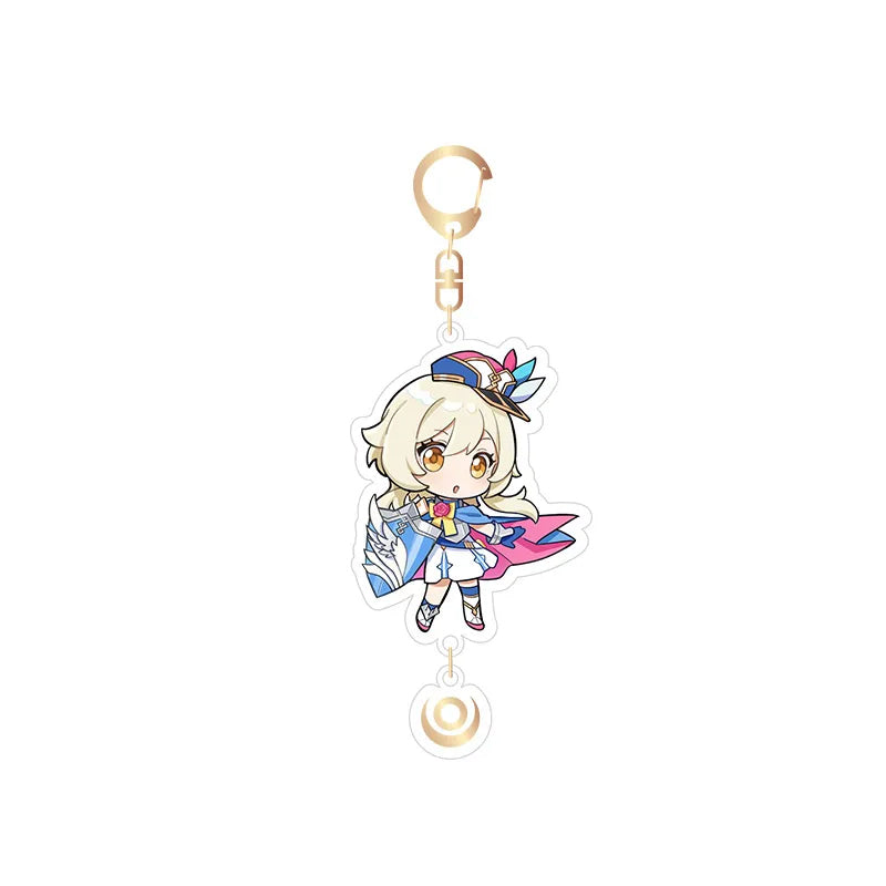 Genshin Impact 2023 Offline Event Acrylic Keychain featuring chibi-style Lumine, with a retro pop-art design, a matching elemental charm pendant, and a gold-toned keyring.