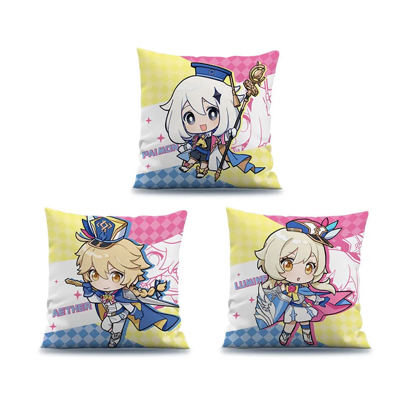 A set of three decorative throw pillows from the Genshin Impact 2023 offline event collection, featuring chibi-style illustrations of Paimon, Aether, and Lumine. 