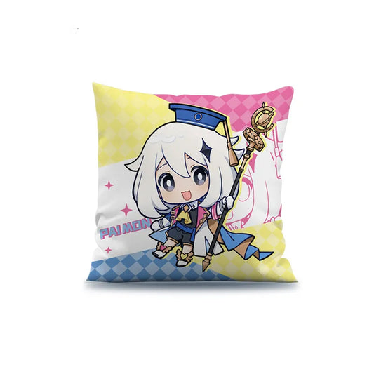  The design showcases Paimon in a vibrant, retro pop-art outfit with a blue cap and staff, set against a colorful background of yellow, pink, and blue checkered patterns. The name “PAIMON” is printed in bold pink lettering, creating a playful and eye-catching aesthetic.