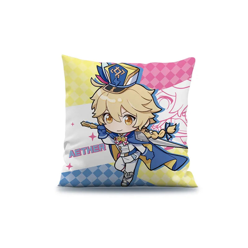 Genshin Impact 2023 Offline Event Chibi Pillow featuring Aether, with vibrant retro pop-art design, yellow-pink checkered accents, and the name AETHER printed in pink. Made of soft polyester fiber, 45cm × 45cm.