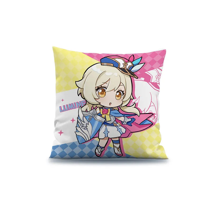 Genshin Impact 2023 Offline Event Chibi Pillow featuring Lumine, with a vibrant retro pop-art design, yellow-pink checkered accents, and the name LUMINE printed in pink. Soft polyester fiber, 45cm × 45cm.