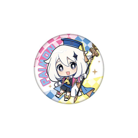 Chibi-style Paimon pin with a vibrant, checkered pink, blue, and yellow border, featuring bold “PAIMON” lettering and a glossy tinplate finish.