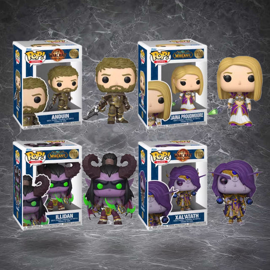 Four chibi-style vinyl figures inspired by World of Warcraft: Anduin, Jaina Proudmoore, Illidan, and Xal'atath. Made from durable PVC, each features vivid colors and iconic character details. Ideal for shelf display, fan collections, or gifting to fantasy game lovers.