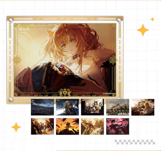 Past Days postcard and photo frame set from Arknights, displayed against a light grid-patterned background with gold star accents. The main image shows a character illustration in an acrylic frame, with a grid of 10 additional nostalgic character postcards below, capturing warm, iconic moments from the game.
