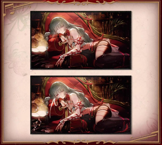 
This 245×140mm lenticular art print features Fuluoluo from Wuthering Waves, set against a rich red backdrop. The lenticular effect shifts her expression from serene to intense, creating a dramatic, interactive display for fans.