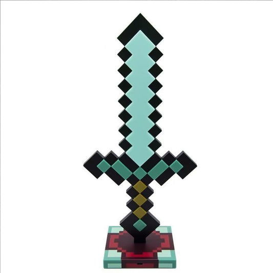 Rechargeable Minecraft Diamond Sword lamp, detachable glowing pixel sword with rainbow LED effects for play or decor,17-color pixel art desk lamp for gaming rooms.