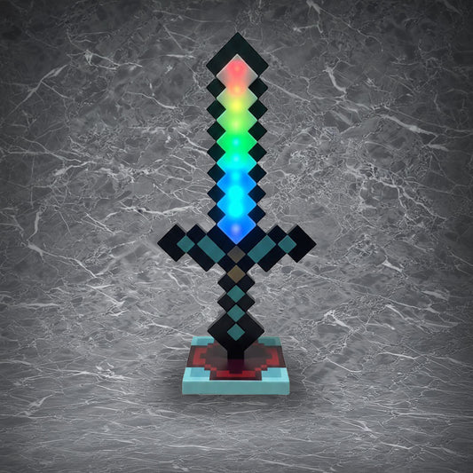 Rechargeable Minecraft Diamond Sword lamp, detachable glowing pixel sword with rainbow LED effects for play or decor,17-color pixel art desk lamp for gaming rooms.