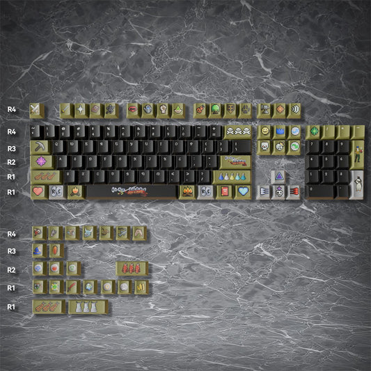 Custom dye-sub keycaps with 8-bit pixel design, featuring potions, runes, and skill tree novelties