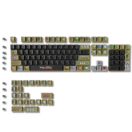 Custom dye-sub keycaps with 8-bit pixel design, featuring potions, runes, and skill tree novelties