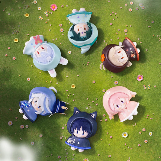 Genshin Impact Playing in the Rain Series Plush Keychain Dolls, full set of 6 characters on a grassy flower field, PU outerwear collectibles for fans.