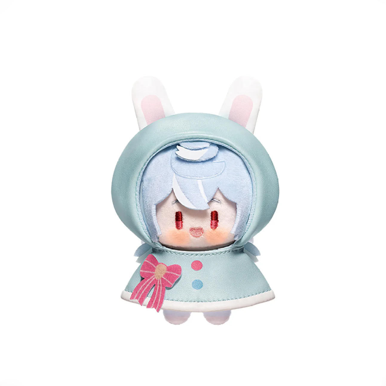 This plush charm features Sigewinne in a fluffy white and pink raincoat with bunny ears, her signature pink hair peeking out. She has large, expressive blue eyes and a gentle, caring smile, perfectly capturing her kind-hearted nature in a cute, chibi form.