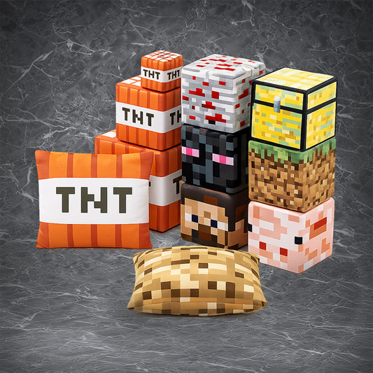 Minecraft Plush Pillow set featuring iconic block designs including TNT, chest, grass block, Enderman, Steve, and pork chop, with both cube and pillow shapes, made of foam rubber, perfect for fans and collectors.