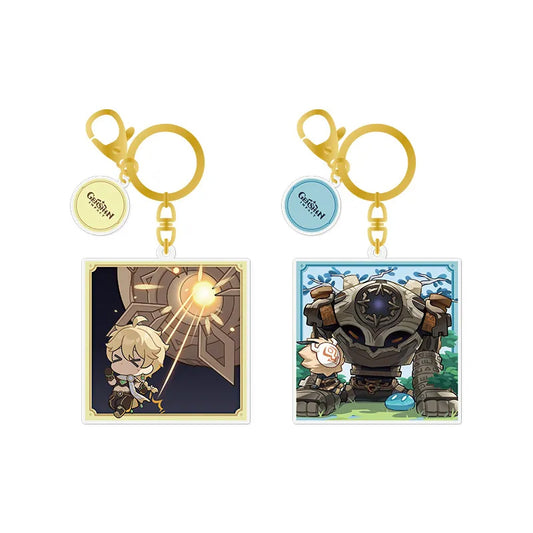 Chibi-style acrylic keychain set featuring two designs: Traveler Aether with a golden logo tag, and a Ruin Guard with a teal logo tag. Both are attached to gold-toned lobster clasps and key rings, displayed against a plain light pink background.