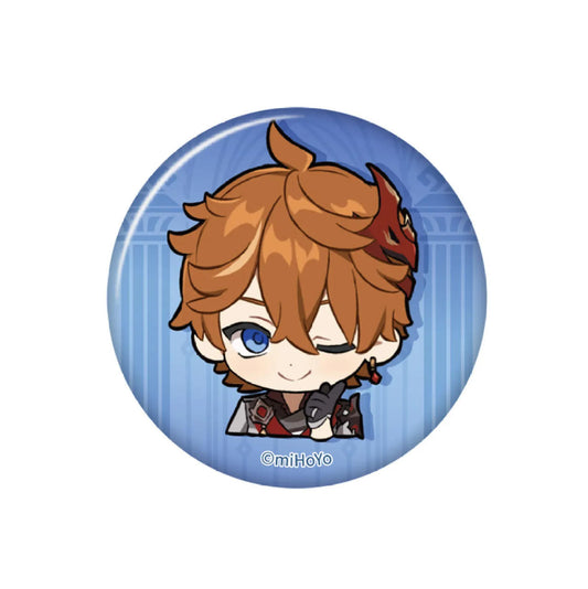 Genshin Impact Chibi Emoji Series Tartaglia badge (58mm). Made with PET + pearl paper for vibrant colors, capturing his playful wink. Durable tinplate for daily wear or collection.