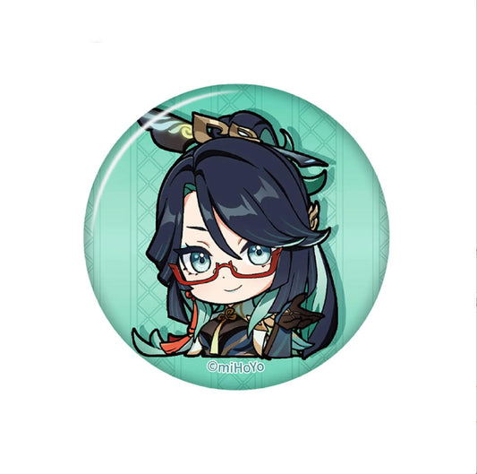This chibi Xianyun badge shows her with a playful smirk and red-framed glasses, set on a teal background, capturing the eccentric charm of the Liyue Adeptus.