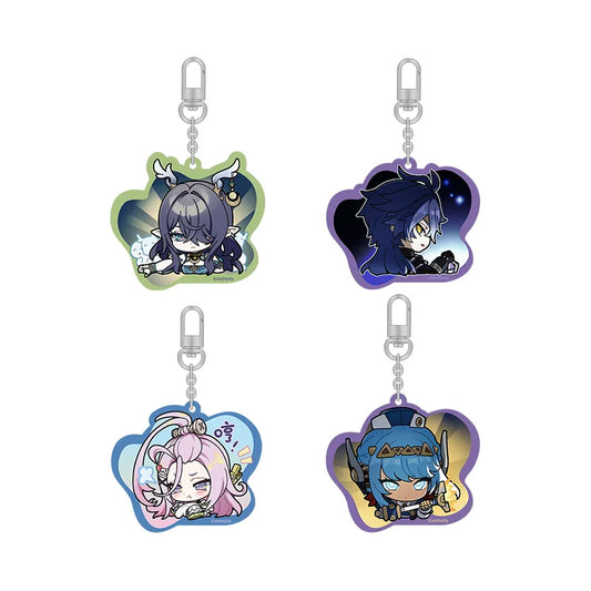 Set of four chibi-style acrylic keychains, each featuring a different game character with a colorful, die-cut border and a glossy holographic finish. 