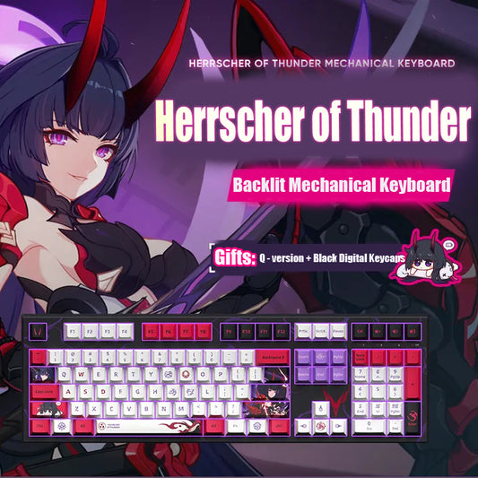 Raiden Mei Herrscher of Thunder mechanical keyboard with red and purple PBT keycaps for Honkai Impact 3rd fans.