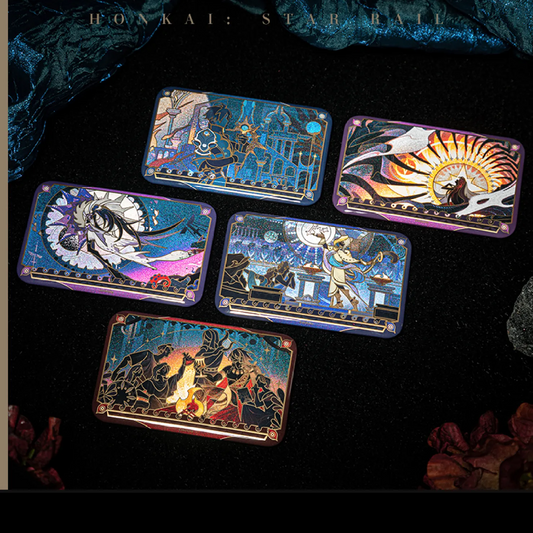 Five rectangular badges from the Recreation Scroll Series are arranged on a black velvet surface, showcasing their reflective paper and embossed gold foil details in a dramatic, low-light setting.