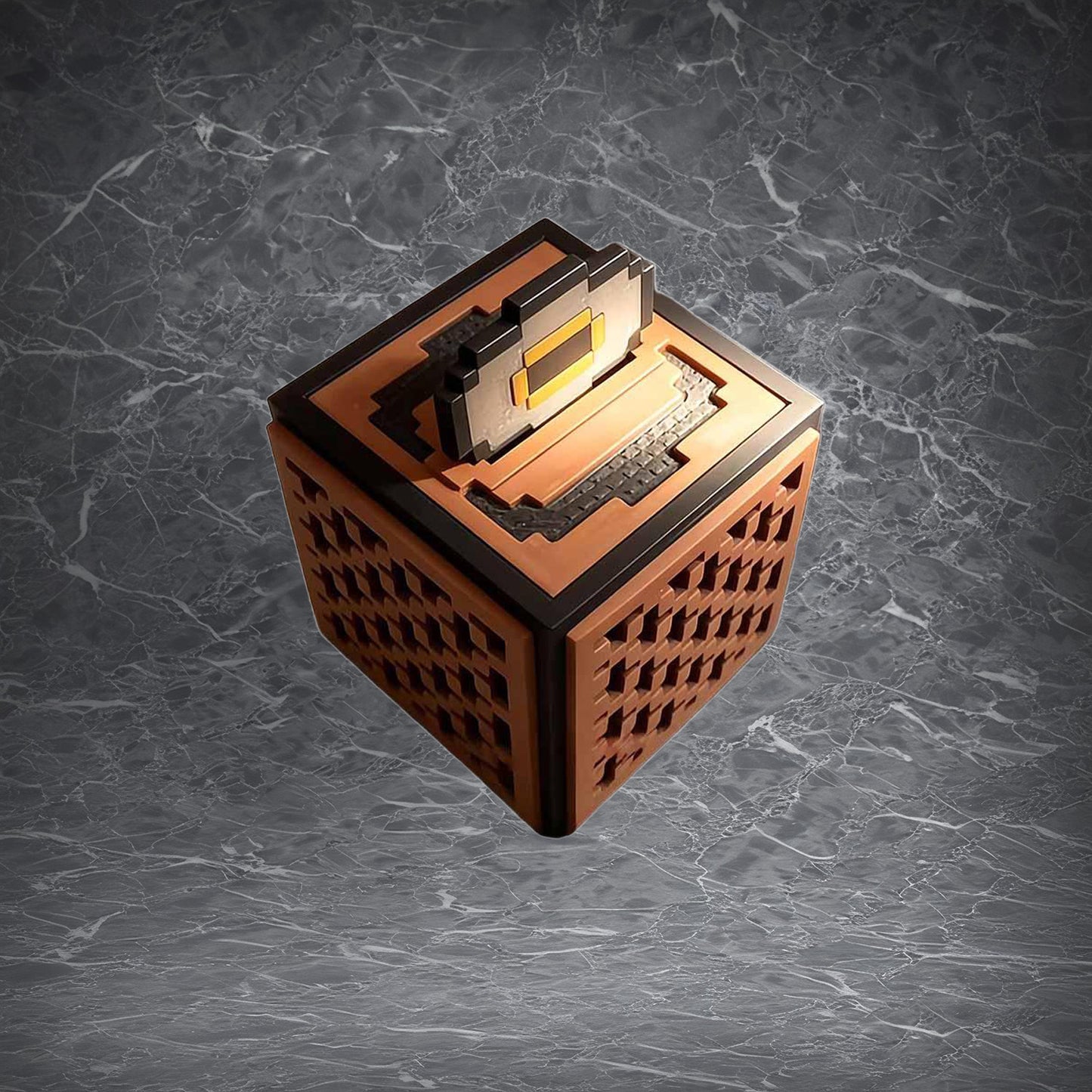 Minecraft Redstone jukebox-style Bluetooth speaker, made of durable plastic with a highly detailed brown block design.