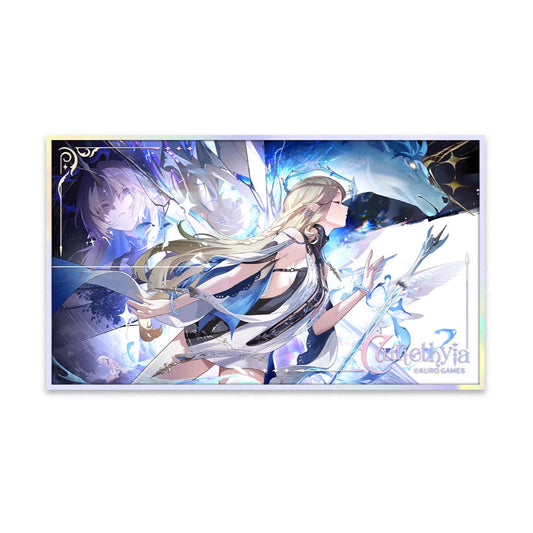 This 245×140mm acrylic colored paper features Cartethyia from Wuthering Waves, set in a cosmic blue backdrop. The holographic silver foil adds a celestial shimmer,&nbsp;highlighting her ethereal, elven design.
